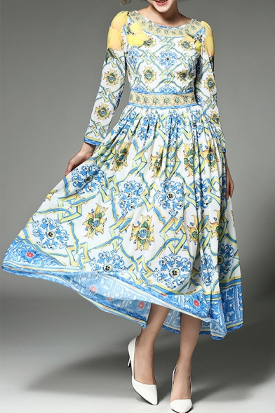 Round Neck Long Sleeve Elegant Floral Printed Maxi A-Line Dress