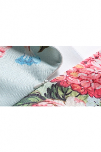Round Neck Sleeveless Retro Floral Printed Fit & Flare Midi Dress