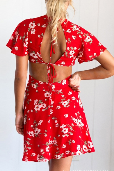 Sexy Plunge V-Neck Cutout Sides Short Sleeve Floral Printed Mini Swing Dress