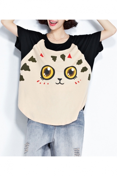 Summer's Color Block Cartoon Cat Printed Round Neck Short Sleeve Oversize T-Shirt