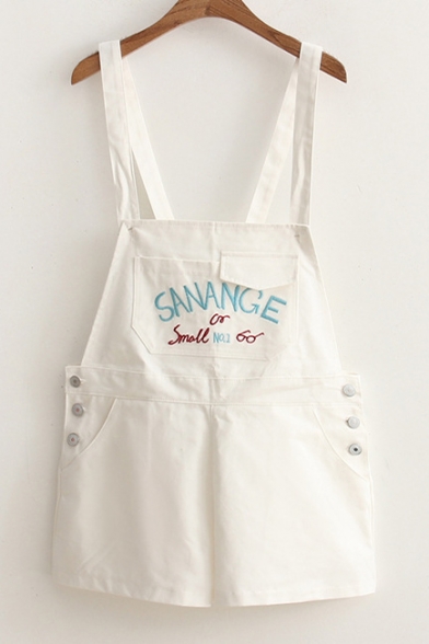 Summer's Letter Embroidered Casual Leisure Cotton Overalls with Pockets