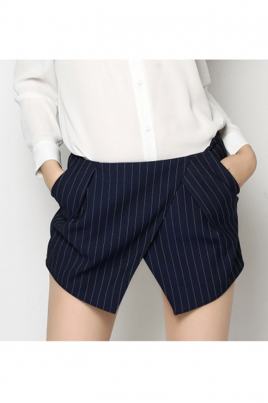 Summer's New Arrival Striped Printed Wrap Front Leisure Shorts Skorts