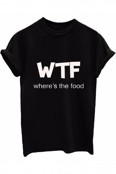 

WTF Where' the Food Letter Printed Short Sleeve Round Neck Tee, LC436658, Black;white;gray