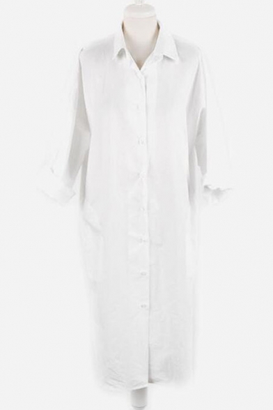 Boyfriend Style Lapel Collar Long Sleeve Buttons Down Plain Shirt Dress with Pockets