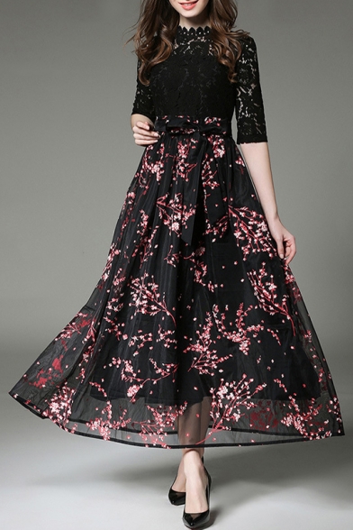 Fake Two-Piece Lace Inserted Bow Waist Floral Printed A-Line Maxi Dress