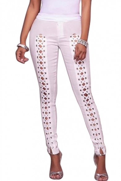 Fashion Lace-Up Cutout Front Plain Skinny Pants
