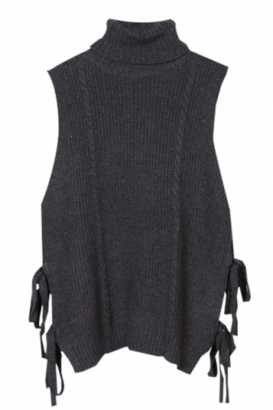 Fashion Turtle Neck Sleeveless Tied Sides Plain Pullover Sweater