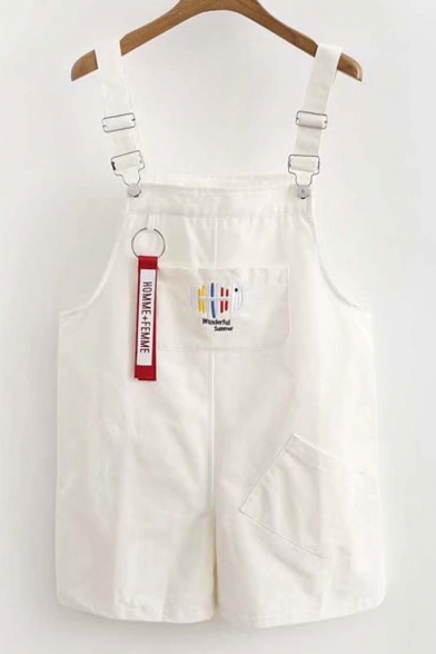 Fresh Fish Bone Embroidered Cotton Overall Shorts with Pockets