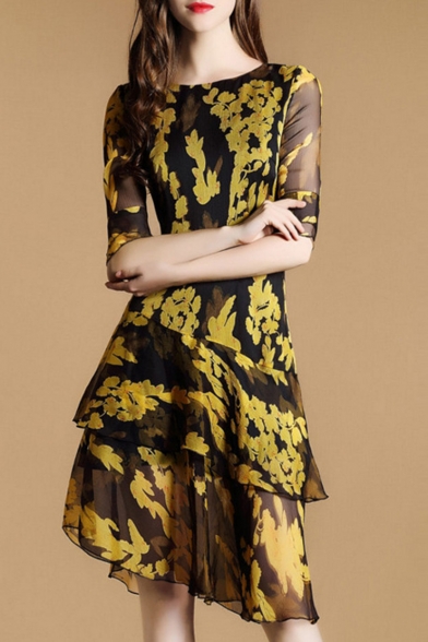 Glamorous Layered Hem Half Sleeve Color Block Printed Asymmetric Dress