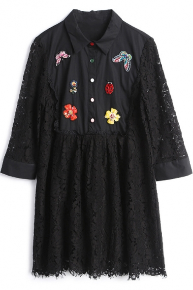 Lapel Collar Long Sleeve Floral Embroidered Lace Buttons Down Shirt Dress