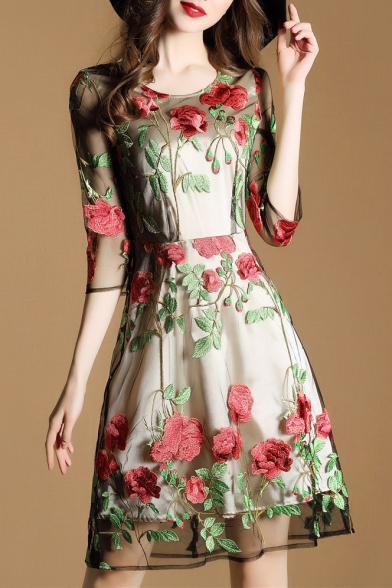 Luxurious Floral Embroidered Sheer Mesh Round Neck 3/4 Sleeve A-Line Midi Dress