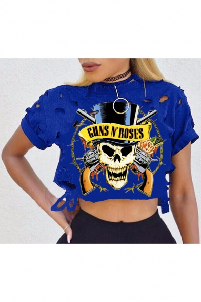 New Arrival Round Neck Short Sleeve Cut Out Skull Printed Cropped T-Shirt