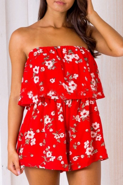Off The Shoulder Open Back Floral Pattern Chiffon Beach Rompers