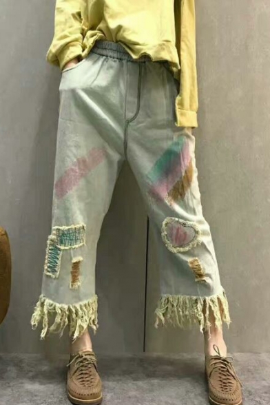 Retro Colorful Printed Tassel Trim Elastic Waist Wide Legs Jeans
