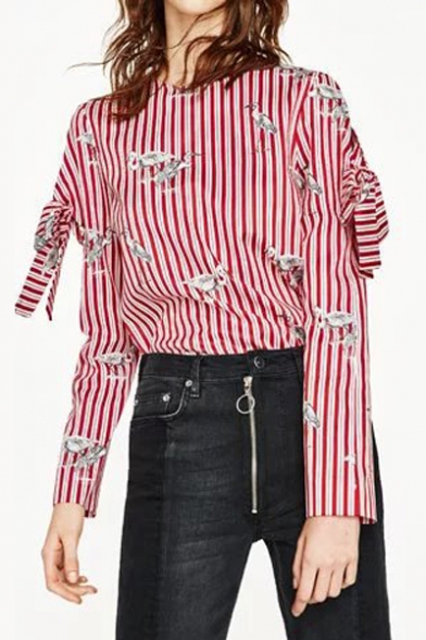 Striped Crane Printed Round Neck Bow Sleeve Zip Back Pullover Blouse