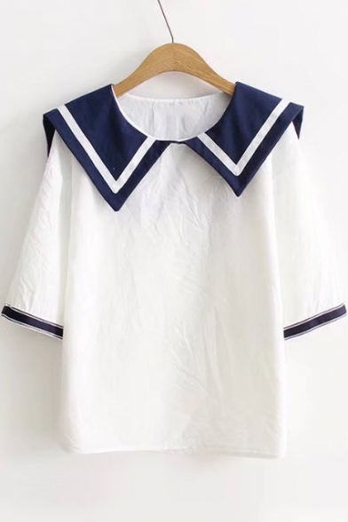 Chic Sailor Collar Half Sleeve Color Block Loose Leisure T-Shirt