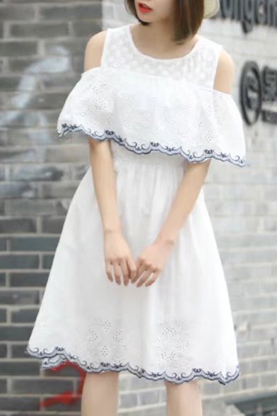 Cold Shoulder Ruffle Hem Round Neck Embroidered A-Line Midi Dress