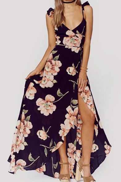 Elegant Sleeveless Spaghetti Straps Floral Printed Split Front Maxi Cami Dress