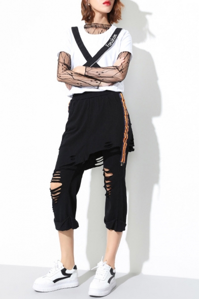 Fake Two-Piece Elastic Waist Summer's Cut Out Leisure Capris