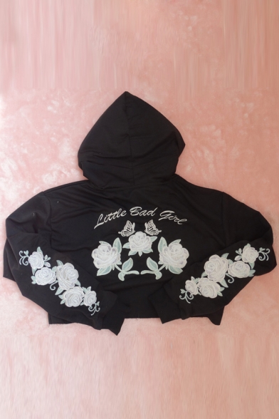 Floral Embroidered Long Sleeve Casual Leisure Cropped Hoodie