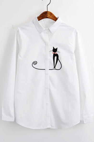 New Arrival Cat Embroidered Lapel Collar Long Sleeve Simple Casual Shirt