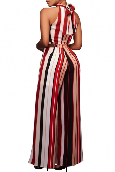 New Arrival Halter Neck Bow Back Color Block Striped Printed Wide Legs Jumpsuits