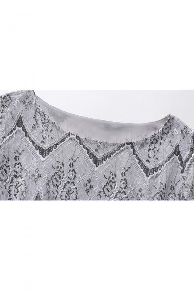 Round Neck 3/4 Sleeve Elegant Geometric Printed Lace Maxi Dress