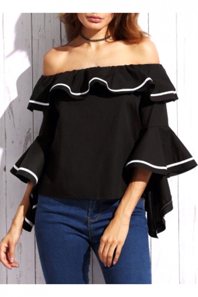 Sexy Off the Shoulder Bell half Sleeve Ruffle Front Plain Blouse Top