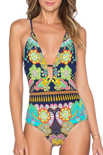 Sexy Plunge V-Neck Crisscross Tied Back Floral Printed Color Block One Pieces Swimwear