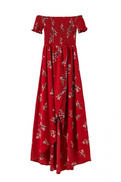 Summer's Floral Printed Boat Neck Short Sleeve High Low Hem Asymmetrical Dress