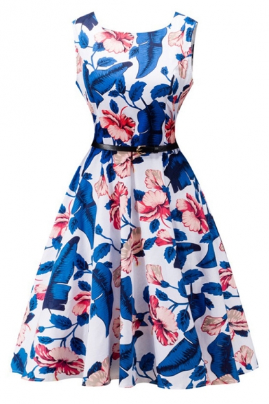 Vintage Round Neck Sleeveless Floral Printed A-Line Flare Midi Dress