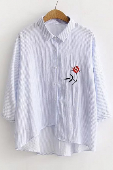 Asymmetrical Trim Rose Embroidered Lapel Collar Long Sleeve Leisure Shirt