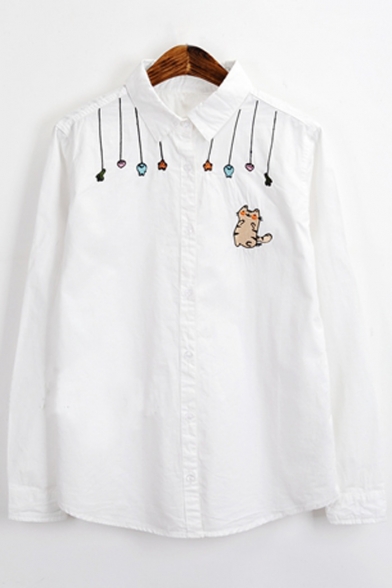 Cartoon Cat Embroidered Lapel Collar Long Sleeve Loose Buttons Down Shirt