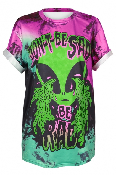 Digital Crying Alien Printed Round Neck Short Sleeve Casual Tee