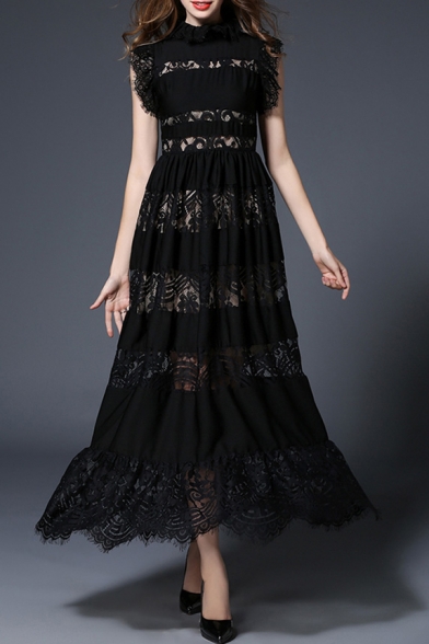 Elegant Lace Inserted Hollow Out Ruffle Collar A-Line Plain Maxi Dress