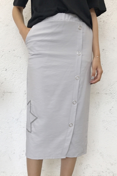 Embroidered Elastic Waist Buttons Down Plain Midi Pencil Skirt