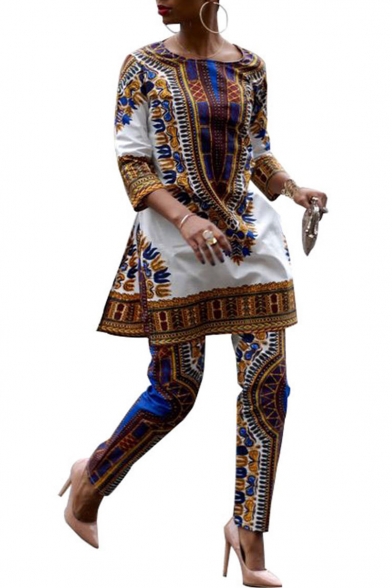 Fashion African Tribal Printed 3/4 Length Sleeve Round Neck Two Pieces Sets