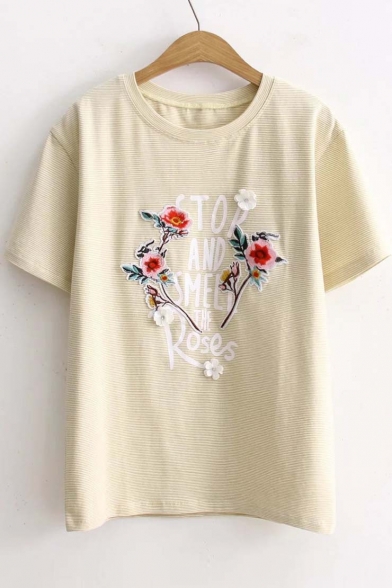 Fresh Floral Letter Printed Round Neck Short Sleeve Striped T-Shirt