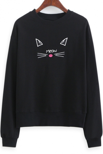 Lovely Cartoon Cat Printed Round Neck Long Sleeve Basic Pullover Sweatshirt