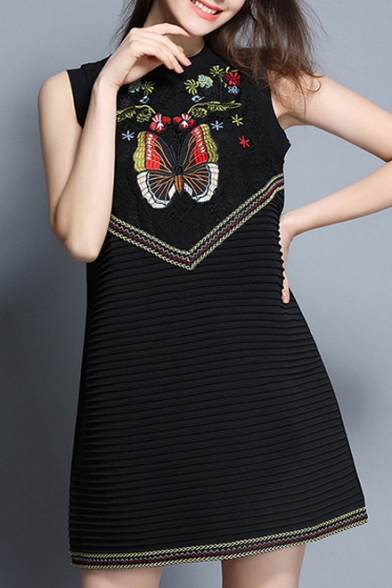New Arrival Round Neck Sleeveless Zip Back Butterfly Embroidered A-Line Tank Dress