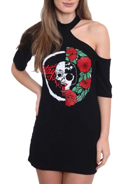 New Fashion Skull Floral Printed Round Neck Cold Shoulder Short Sleeve Mini Dress