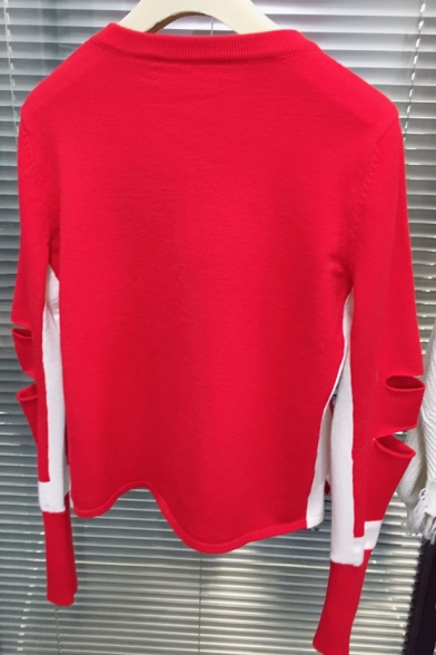 Round Neck Long Sleeve Stylish Hollow Out Sleeve Plain Knit Sweater