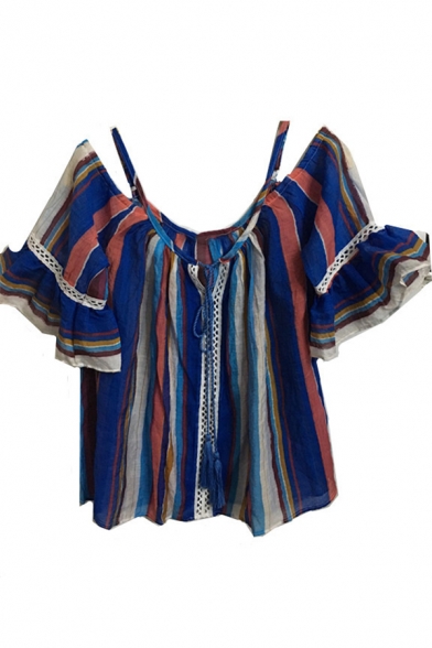 Spaghetti Straps Off The Shuoulder Ruffle Hem Striped Printed Blouse
