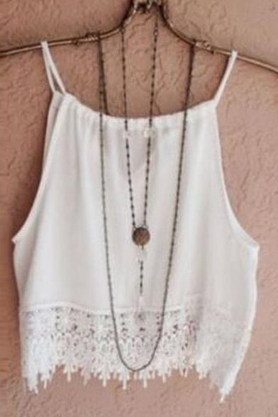 Summer Lace Patchwork Sleeveless Spaghetti Straps Plain Cropped Cami Tank