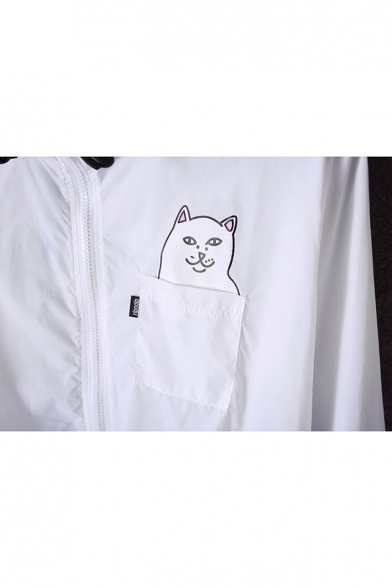 Summer's Long Sleeve Hooded Cartoon Cat Printed Pocket Zip Fly Coat