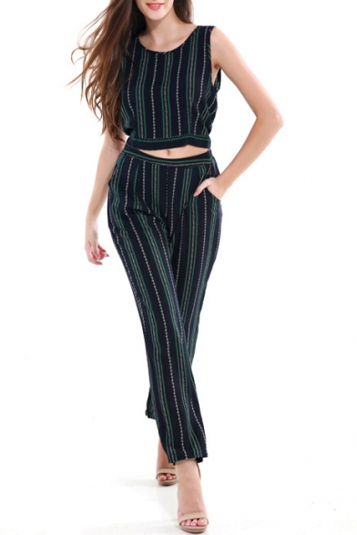 Color Block Vertical Striped Printed Round Neck Tank Top Pants Co-ords