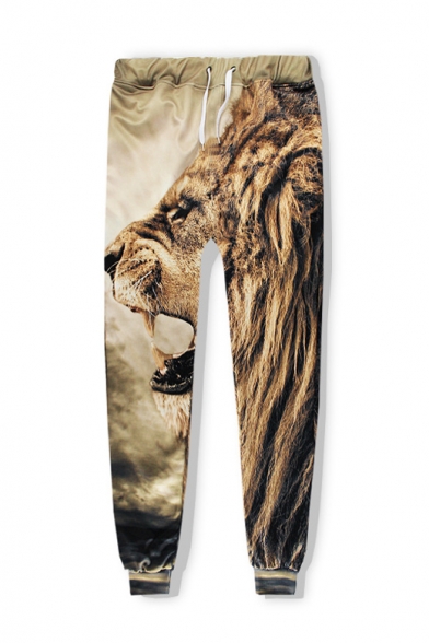 Drawstring Elastic Waist Digital Lion Pattern Casual Sports Pants