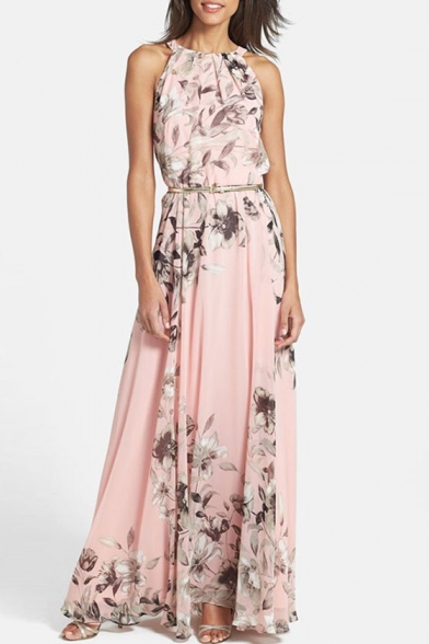 Elegant Sleeveless Floral Printed Round Neck Belt Waist Maxi Swing Dress