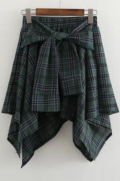 Fake Two-Piece Bow Tie Waist Classic Plaids Printed Mini Asymmetrical Skirt