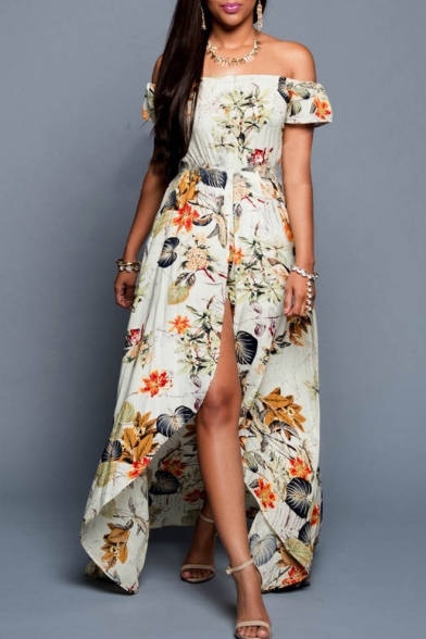 Fashion Sexy Off the Shoulder Short Sleeve Floral Printed Split Front Swallow-Tailed Rompers